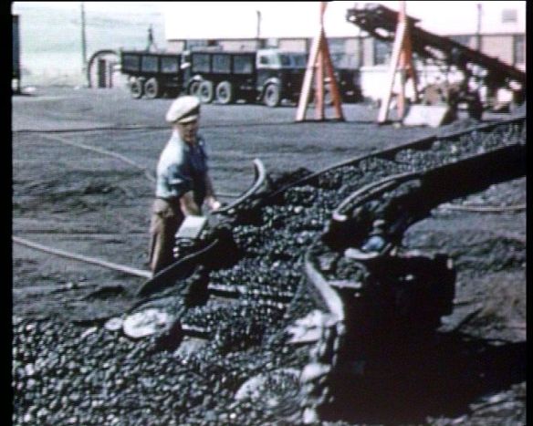 Coal belt and joy loader at Argyll Colliery, Machrihanish. Still from the film "Kintyre" Courtesy of Scottish Screen Archive/NLS.